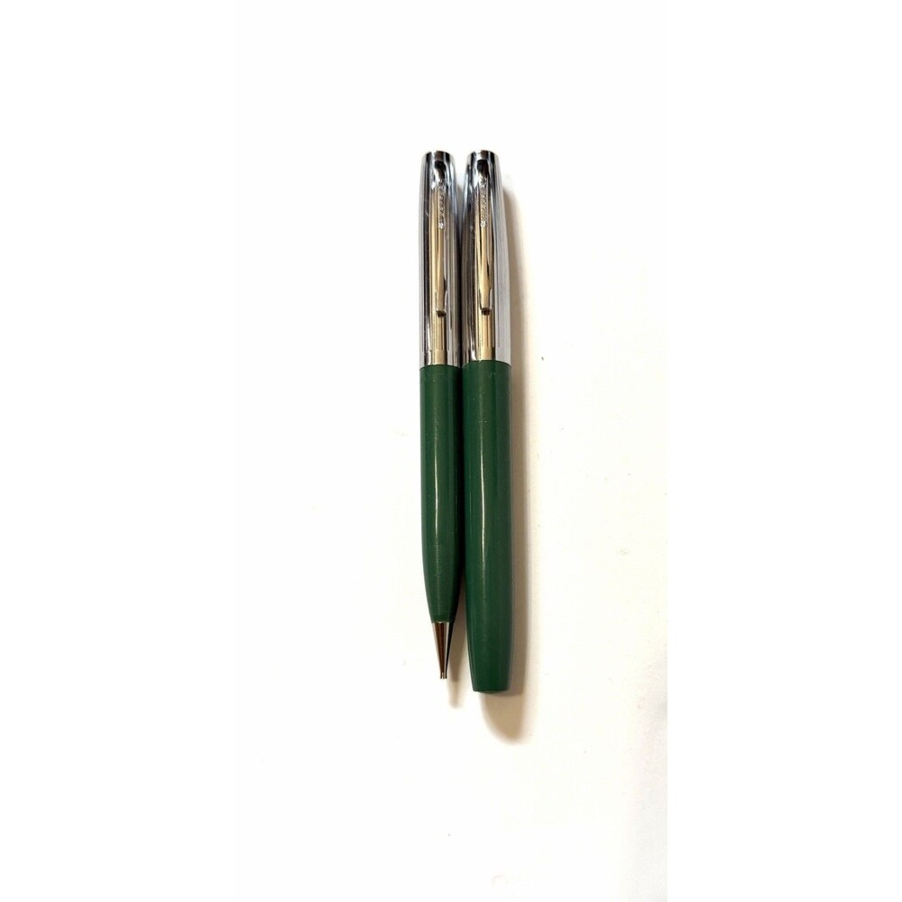 Vintage Sheaffer’s Fountain Pen & Pencil Set Green Barrel Chrome Cap USA